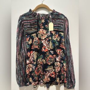 JODIFL Floral Mixed Print Blouse NWT Metallic Ladder Lace Colorful Women’s Large